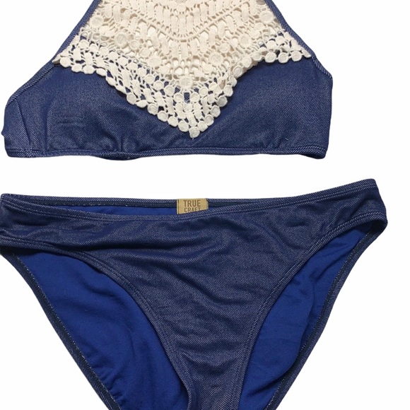 HP {TRUE CRAFT} BLUE 2 Pc Bohemian Lace High Neck Bikini Large - Picture 14 of 16
